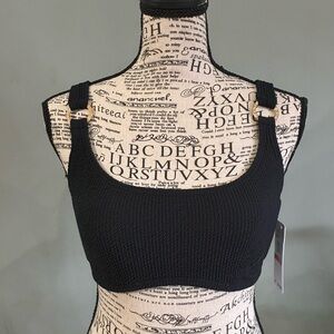Michael Kors Black Textured Scoop Neck Tank with Gold Ring Straps
